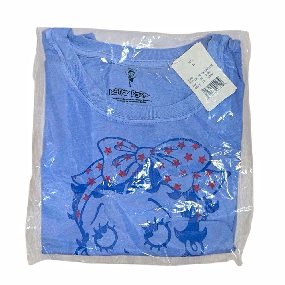 Betty Boop Women’s Pajama Top L Blue Crew Neck Graphic Print Stars